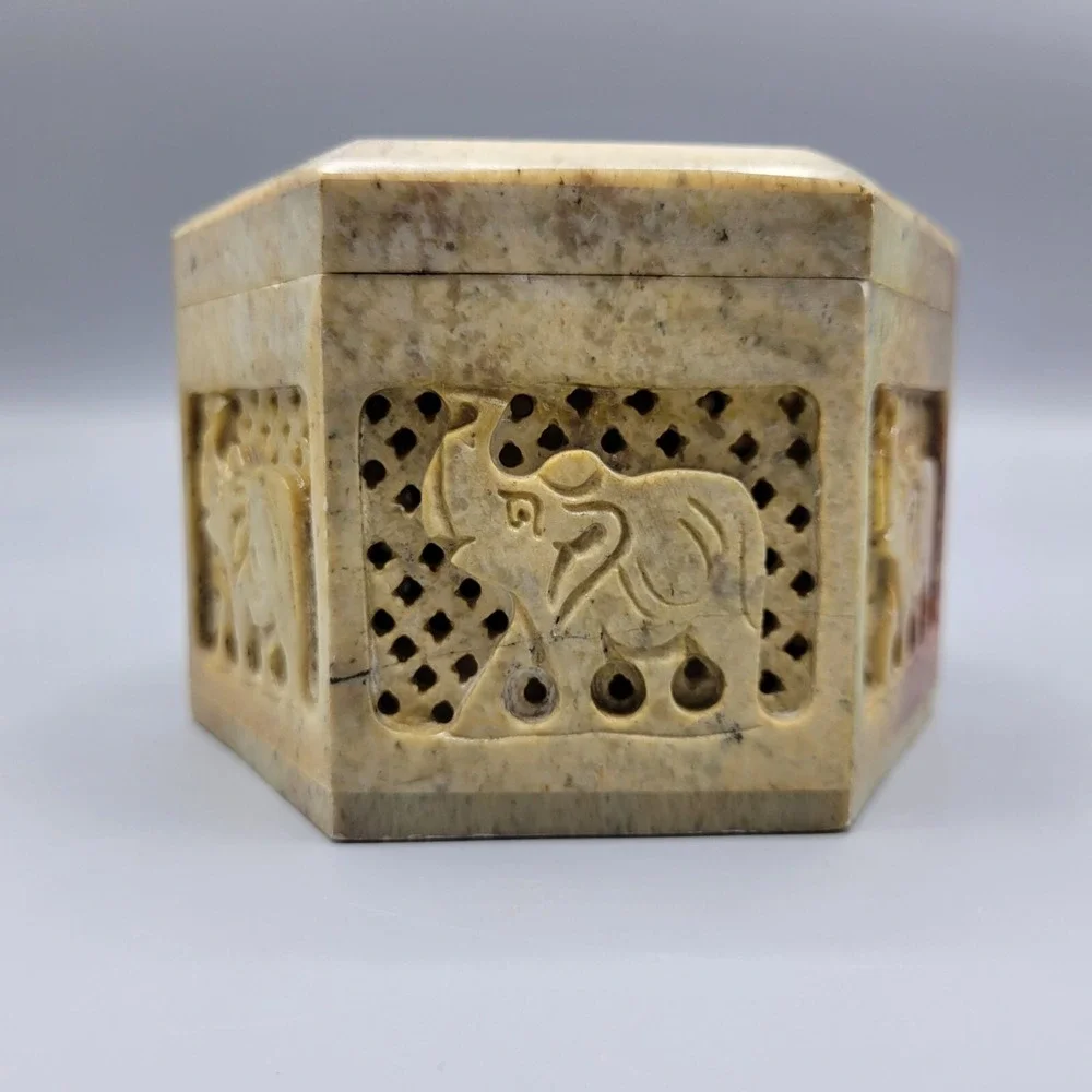 Vintage Carved Soapstone Hinged Trinket Box Trunk Up Elephant Hexagon Box